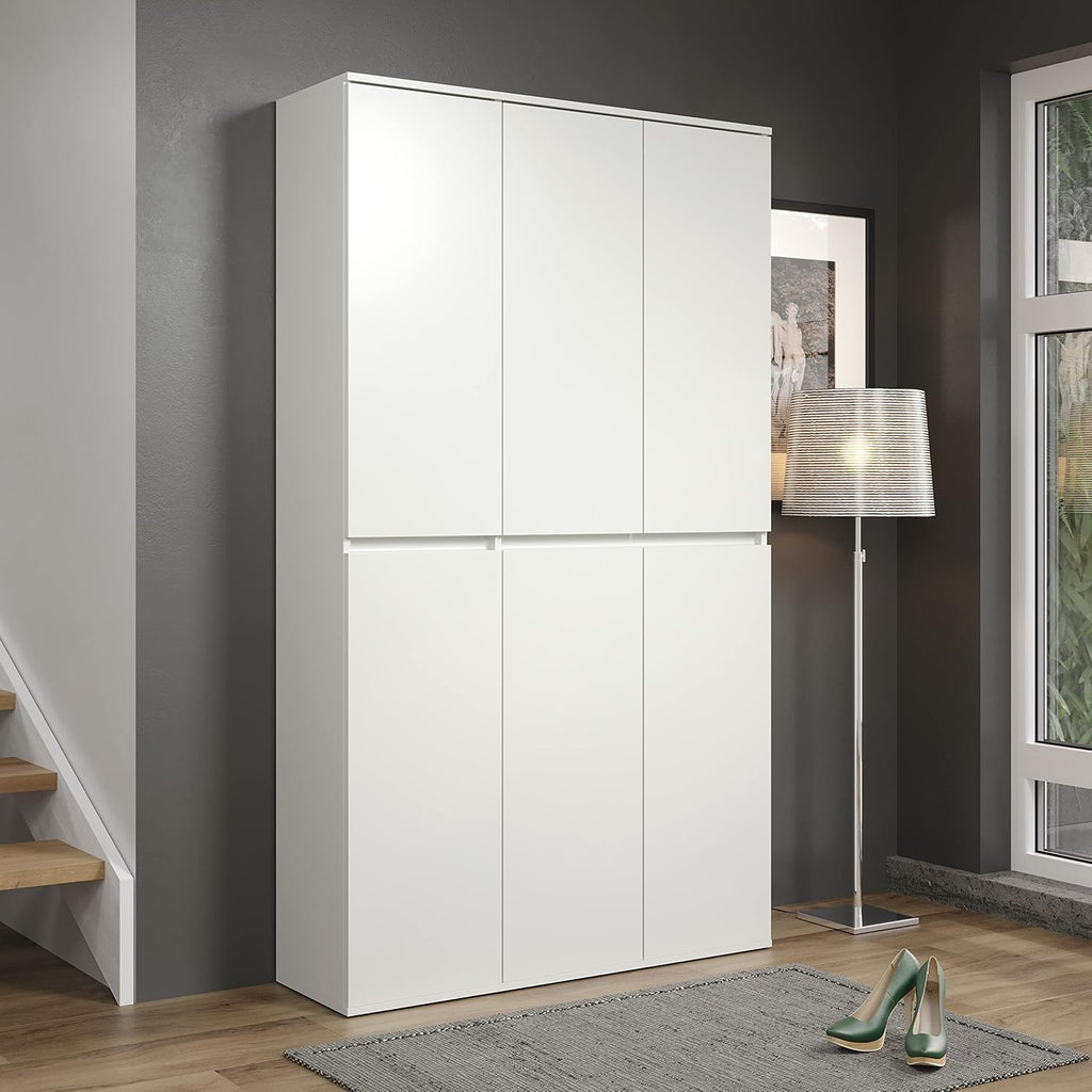 trendteam smart living - Nevada - Armario multiusos - Blanco - Armario con 6 puertas, 12 estantes y 1 barra para ropa - (AnxAlxPr) 111 x 191 x 34 cm - puertas sin tiradores