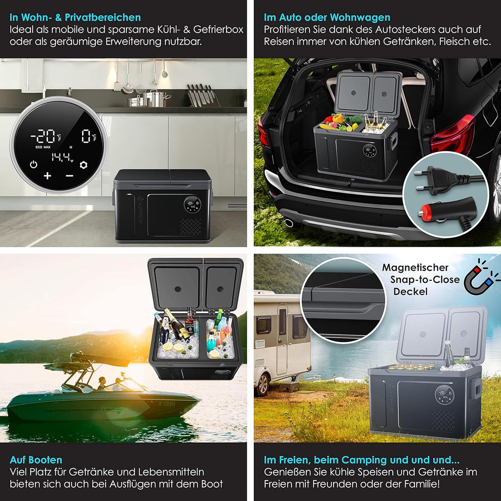 Nevera portátil con compresor KESSER 2 en 1 de doble zona, refrigeración y congelador eléctrico con 2 acumuladores de frío y panel táctil LED | Refrigerador con enfriamiento hasta -20 °C para camping, coche, camión 12/24V 230V