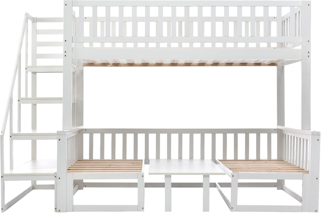 Litera infantil que ahorra espacio, cama alta con escritorio flexible y sofá de madera, cama para niños con escalera y protección anticaídas, 90x200cm + 120x200cm, cama funcional tipo litera, cama alta juvenil, blanco
