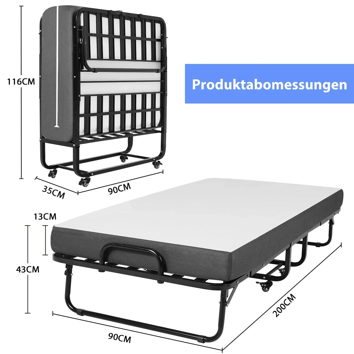 Cama plegable DICTAC 90x200cm para adultos con colchón de espuma viscoelástica de 13cm, estructura metálica plegable con ruedas, capacidad de carga de 200kg