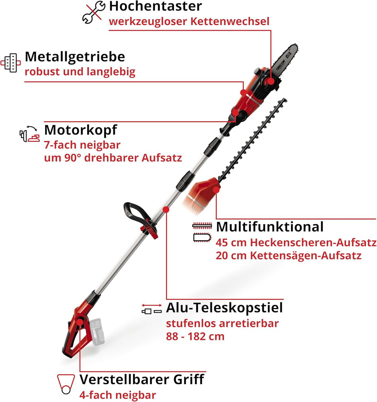 Herramienta multifunción inalámbrica Einhell GE-HC 18 Li T-Solo (2 en 1 cortasetos y motosierra, espada Oregon, sin batería ni cargador)