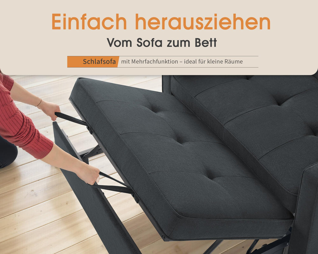 Sofá cama 3 en 1 LUXOAK 186 x 122 cm, gris, respaldo ajustable, acolchado cómodo de 12 cm, estructura de madera maciza y metal