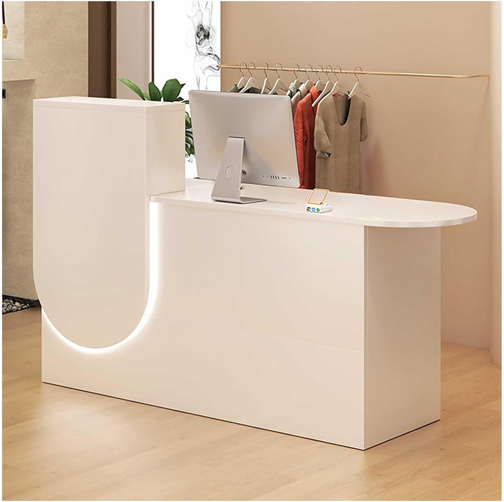 Mostrador de recepción con luz LED y cajón con llave, mostrador de pago moderno con bandeja para teclado para salón, oficina, tienda, vestíbulo o caja