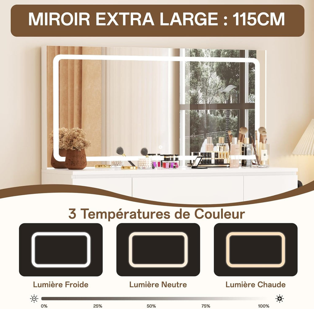 Tocador grande con espejo e iluminación LED de 115 cm, temperatura de color ajustable, tocador de 7 cajones con enchufe, mesa de maquillaje con taburete, 115x40x139 cm, blanco