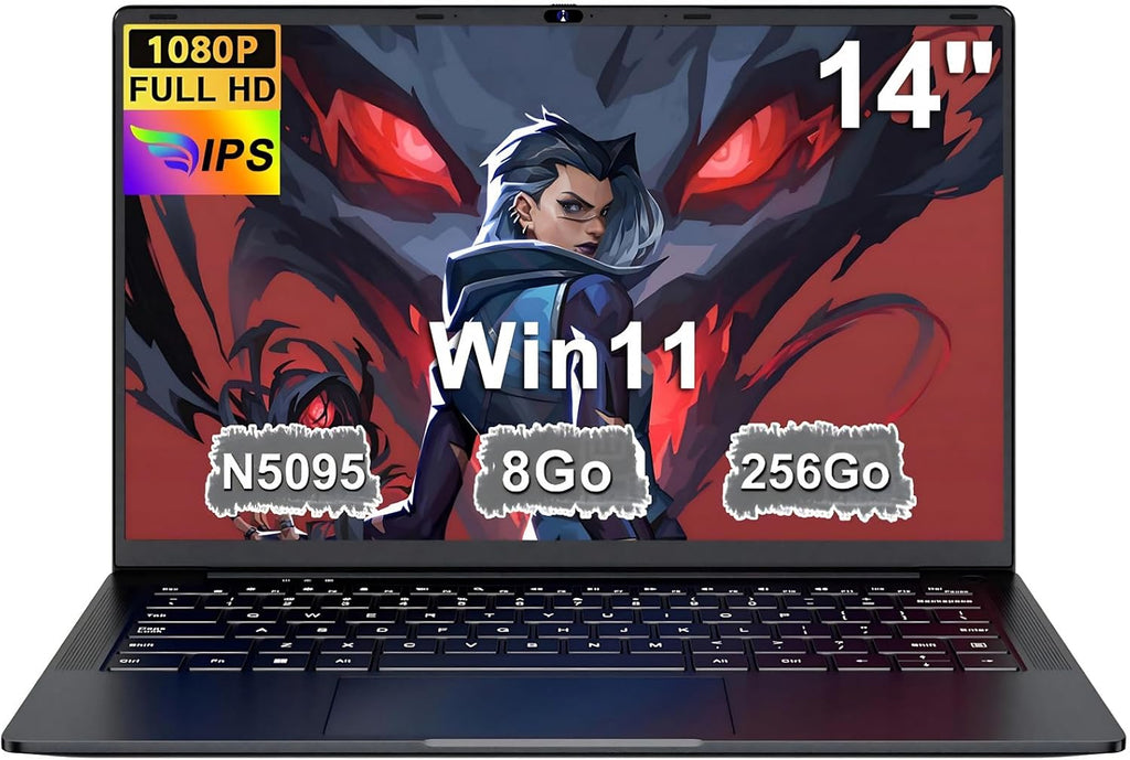 Portátil de 14 pulgadas Celeron N5095 Win11 Pro 8 GB RAM 256 GB SSD con expansión de 1 TB, WiFi 5G, FHD 1920x1080, PC portátil con ratón inalámbrico, teclado QWERTY con membrana de teclado AZERTY - Negro metalizado