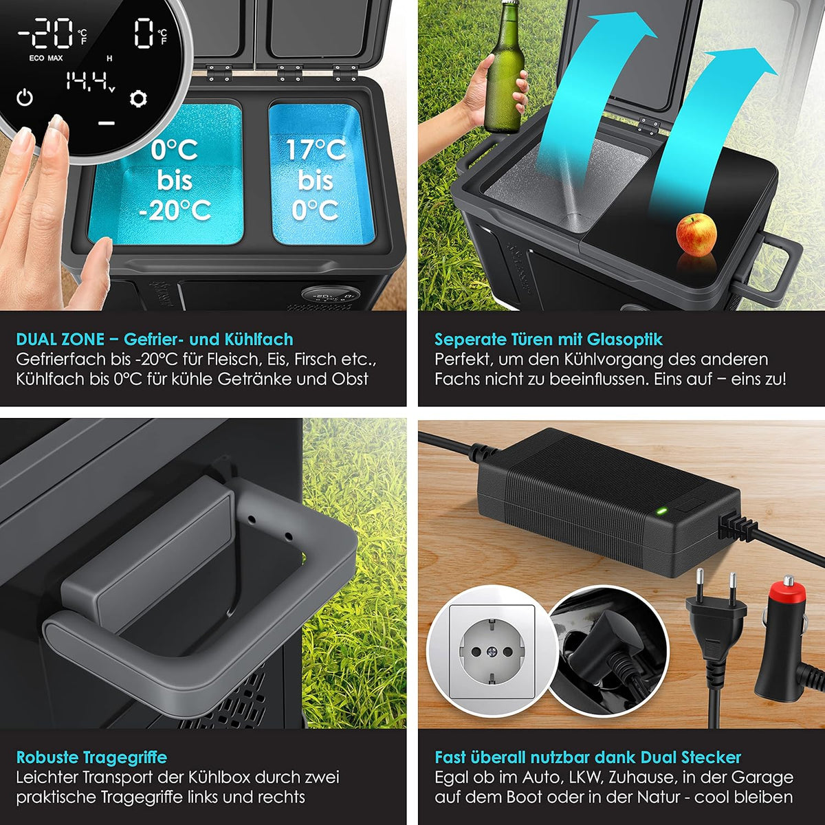 Nevera portátil con compresor KESSER 2 en 1 de doble zona, refrigeración y congelador eléctrico con 2 acumuladores de frío y panel táctil LED | Refrigerador con enfriamiento hasta -20 °C para camping, coche, camión 12/24V 230V