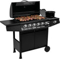 Barbacoa de gas Fireplus 6+1 de 12,9 kW - Acero inoxidable negro - Parrilla con ruedas Modelo GRILL-6F - Barbacoa XXL con carro y termómetro - 138x52x103 cm - 7 quemadores y bandeja lateral