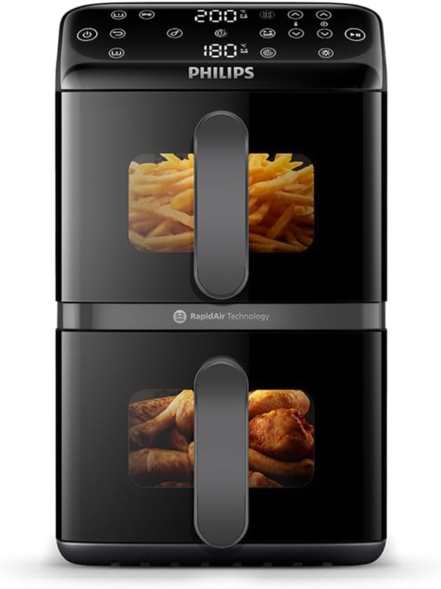 Philips Airfryer Serie 4000 de doble cesta apilada, freidora de aire de 2 compartimentos, 10 l, tecnología RapidAir, 45 % menos de espacio, revestimiento cerámico libre de PFAS, ventana de visualización (NA460/00)