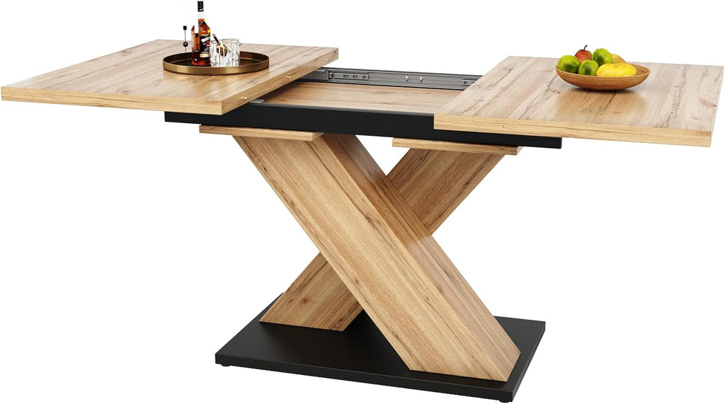 Mesa de comedor extensible con patas en forma de X para 4-6 personas, mesa de cocina y comedor con tablero de madera veteada, mesa de comedor extensible, 119-158.8x80x75 cm, color madera