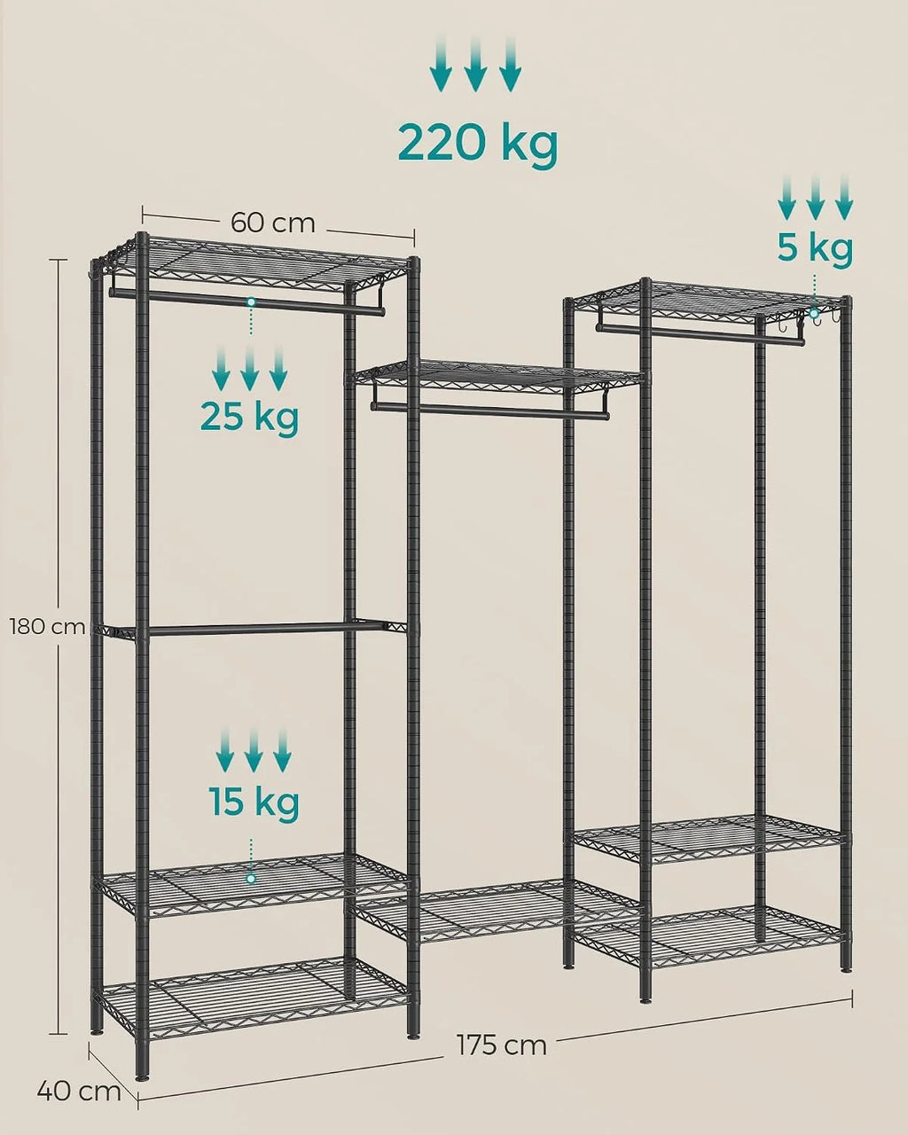 SONGMICS Wieszak na ubrania, otwarta szafa, metalowy, wytrzymały, haczyki