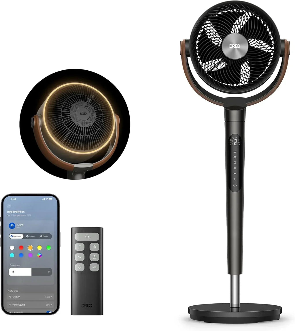 Ventilador de pie inteligente DR-HAF003S con Wi-Fi, luz LED RGB, oscilación de 150°, 12 velocidades y flujo de aire de 2209 m³/h