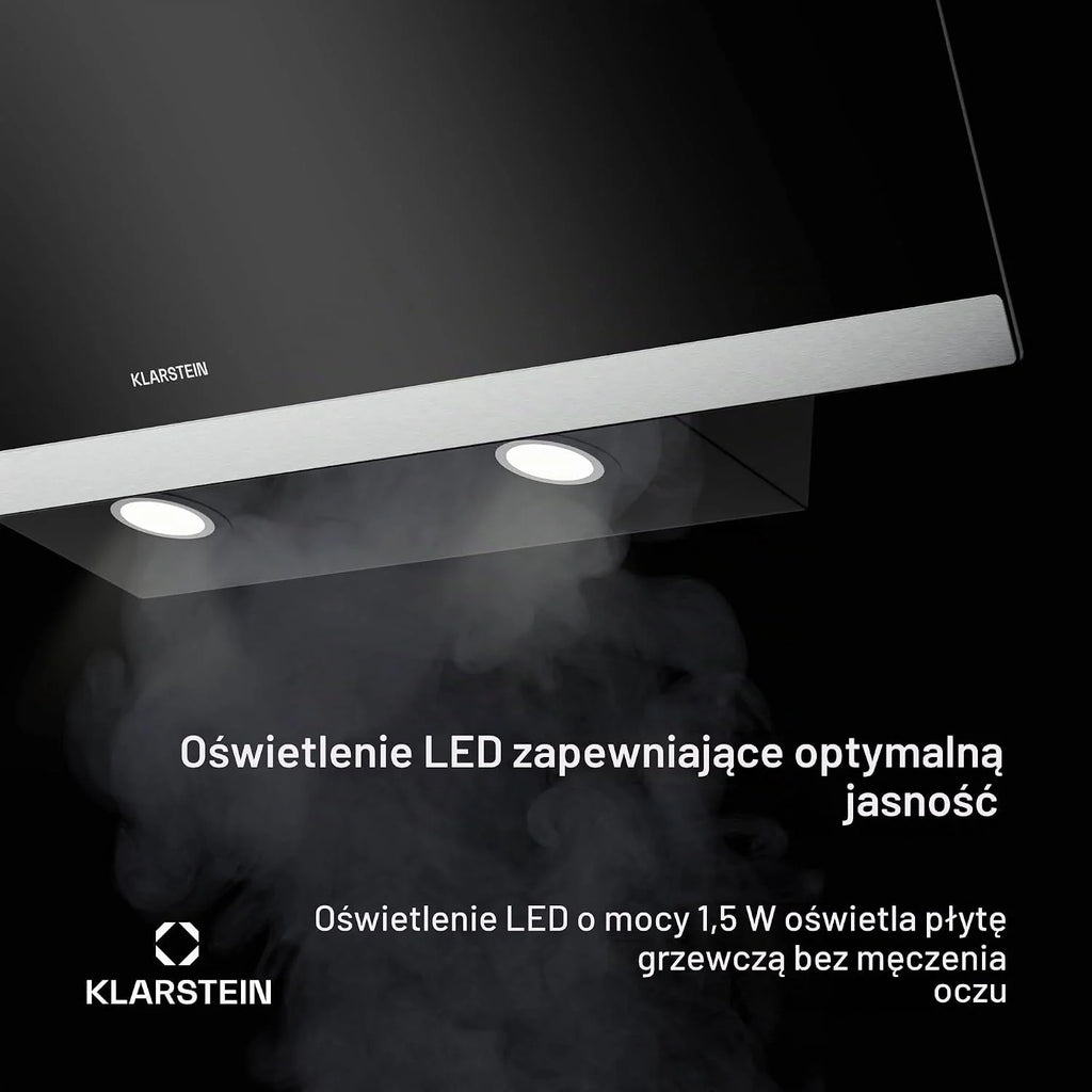 Klarstein FlashLine Okap kuchenny – Okap skośny 90 cm, Ekran dotykowy, 578 m³/h, Klasa energetyczna A++, Oświetlenie LED, 34,5 dB, Czarny, Tryb wyciągu i recyrkulacji