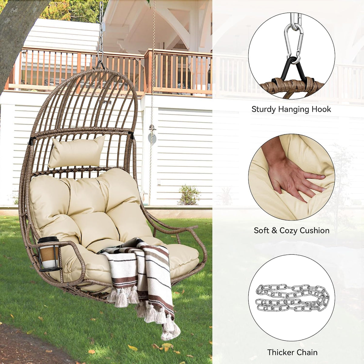 YITAHOME Silla colgante tipo huevo con capacidad de carga de 150 kg, sillón colgante de ratán con cojín y portavasos, silla tipo cesta colgante para jardín, patio, balcón, sala de estar, beige