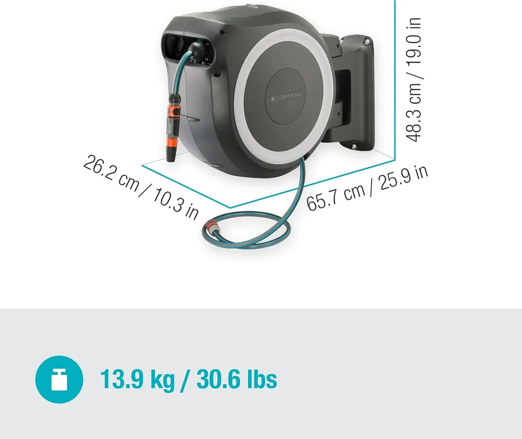 Caja portamangueras de pared RollUp XL de 35 m, almacenamiento automático de manguera con soporte de pared giratorio, incluye boquilla y accesorios de montaje
