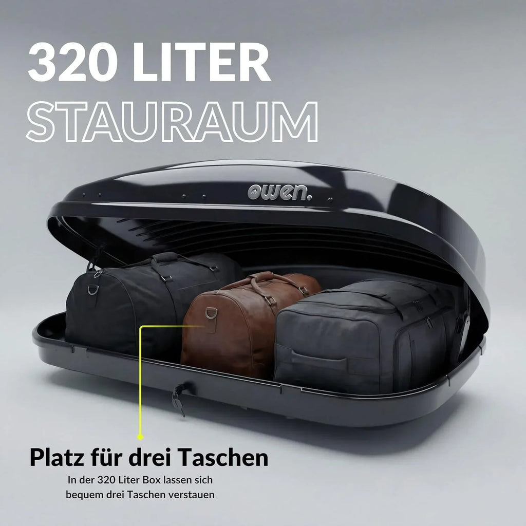 Cofre de techo portaequipajes 320L Premium rígido con sistema de fijación rápida Fast Clamp, 75kg, apertura bilateral y cerradura