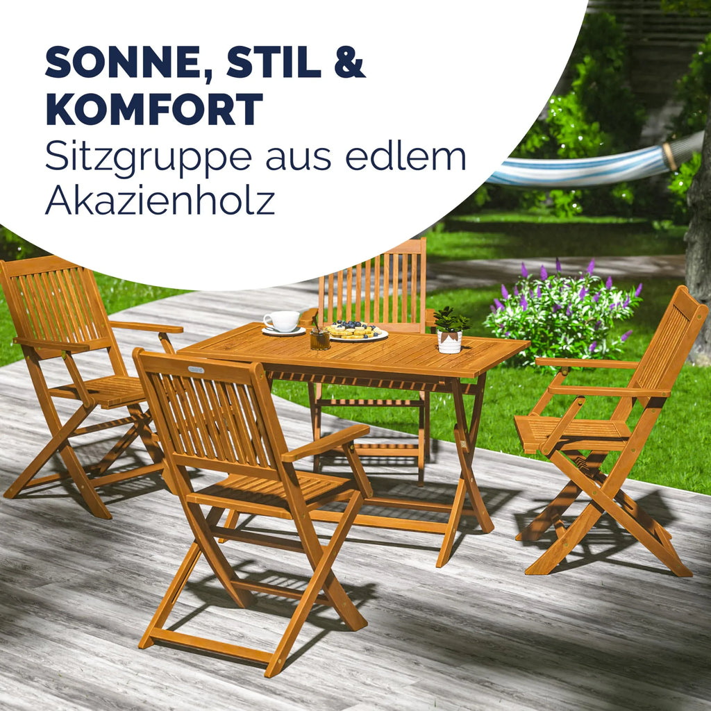 Conjunto de mesa de jardín certificado FSC para 4 personas, 200 cm, 160 kg, resistente a la intemperie, plegable, 5 piezas, acacia con reposabrazos, marrón