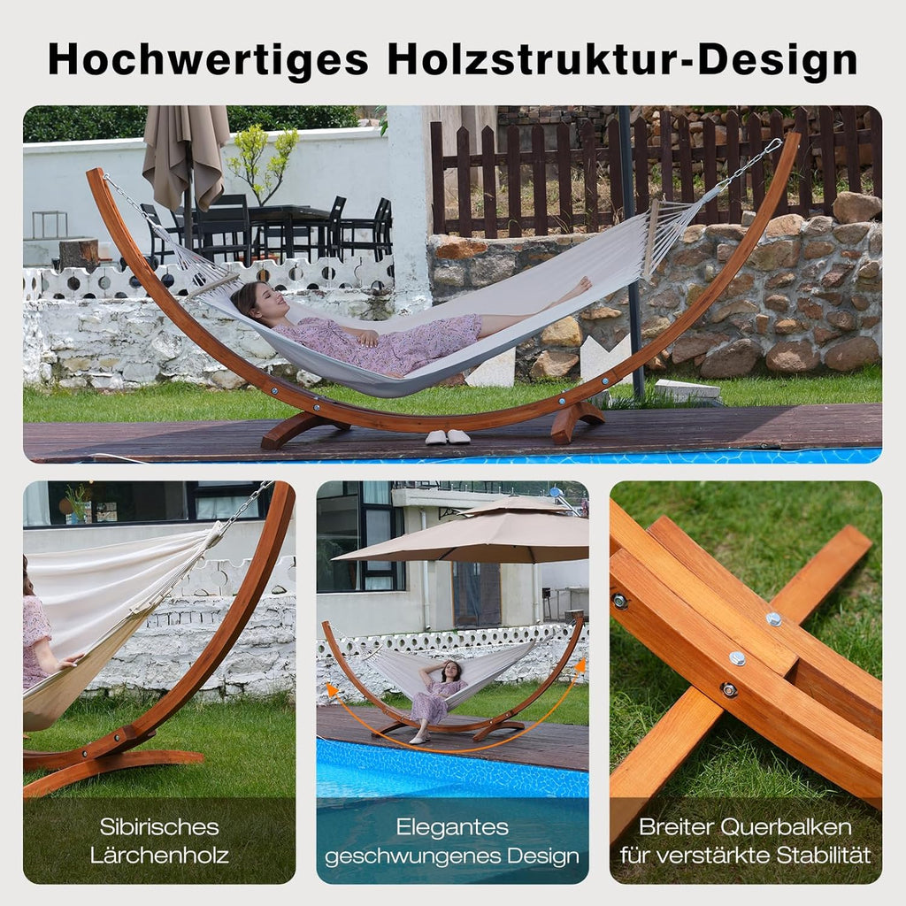 Hamaca con soporte, incluye 2 hamacas, capacidad de carga de 200 kg, dimensiones: 320x120x120 cm, estructura arqueada estable de madera de pino macizo, para jardín, terraza y balcón