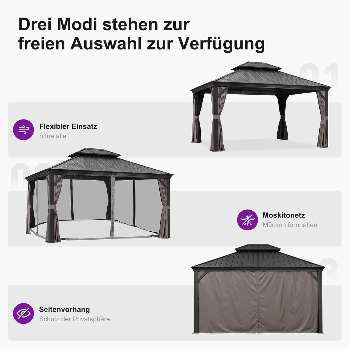 PURPLE LEAF Gazebo de jardín 3,65 x 4,25 m, pabellón de aluminio impermeable, estable y resistente al invierno, cenador con techo rígido de acero, 14,6 m², 24 luces LED, gris