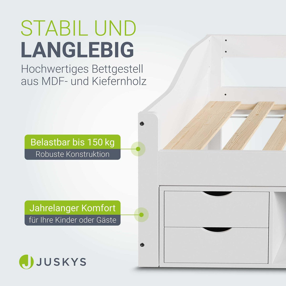Cama funcional Juskys Nalu 90x200 cm - Cama de madera con somier y cajones - Cama con almacenamiento para niños - Cama juvenil, cama infantil, cama de invitados - Blanco