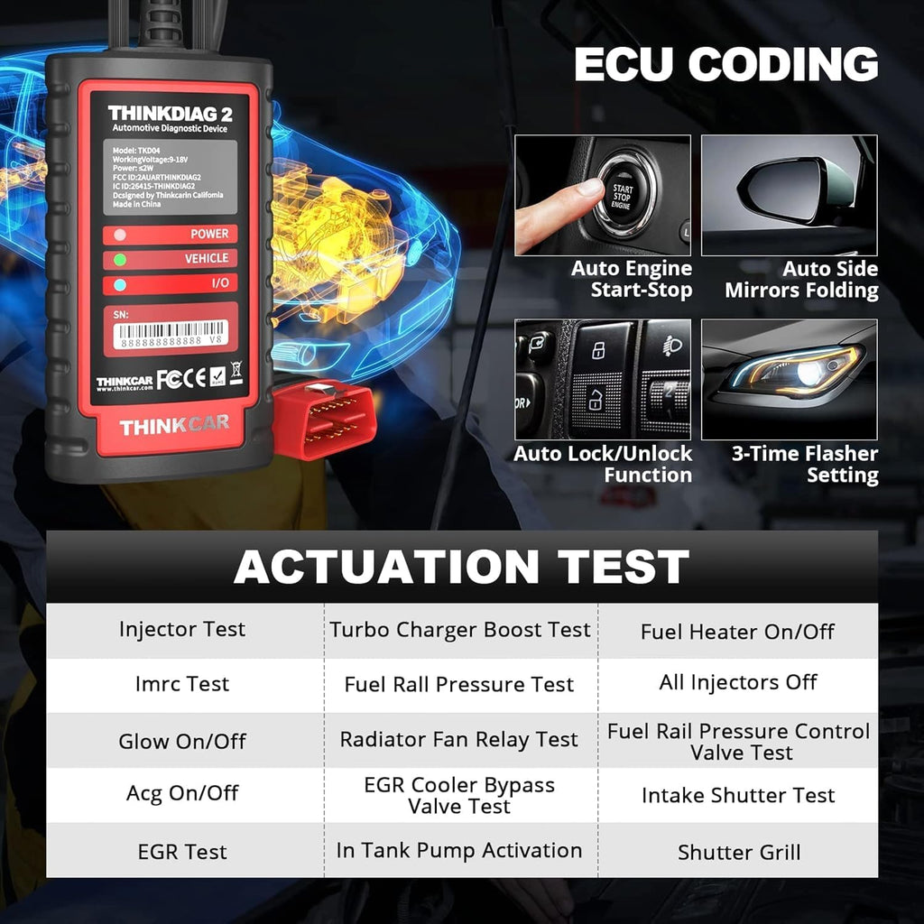 Escáner de diagnóstico para coche Thinkcar ThinkDiag 2, funciones OBD-II con 15 reinicios para sistemas completos, Bluetooth 5.0 compatible con protocolo CAN-FD, 1 año de actualización gratuita