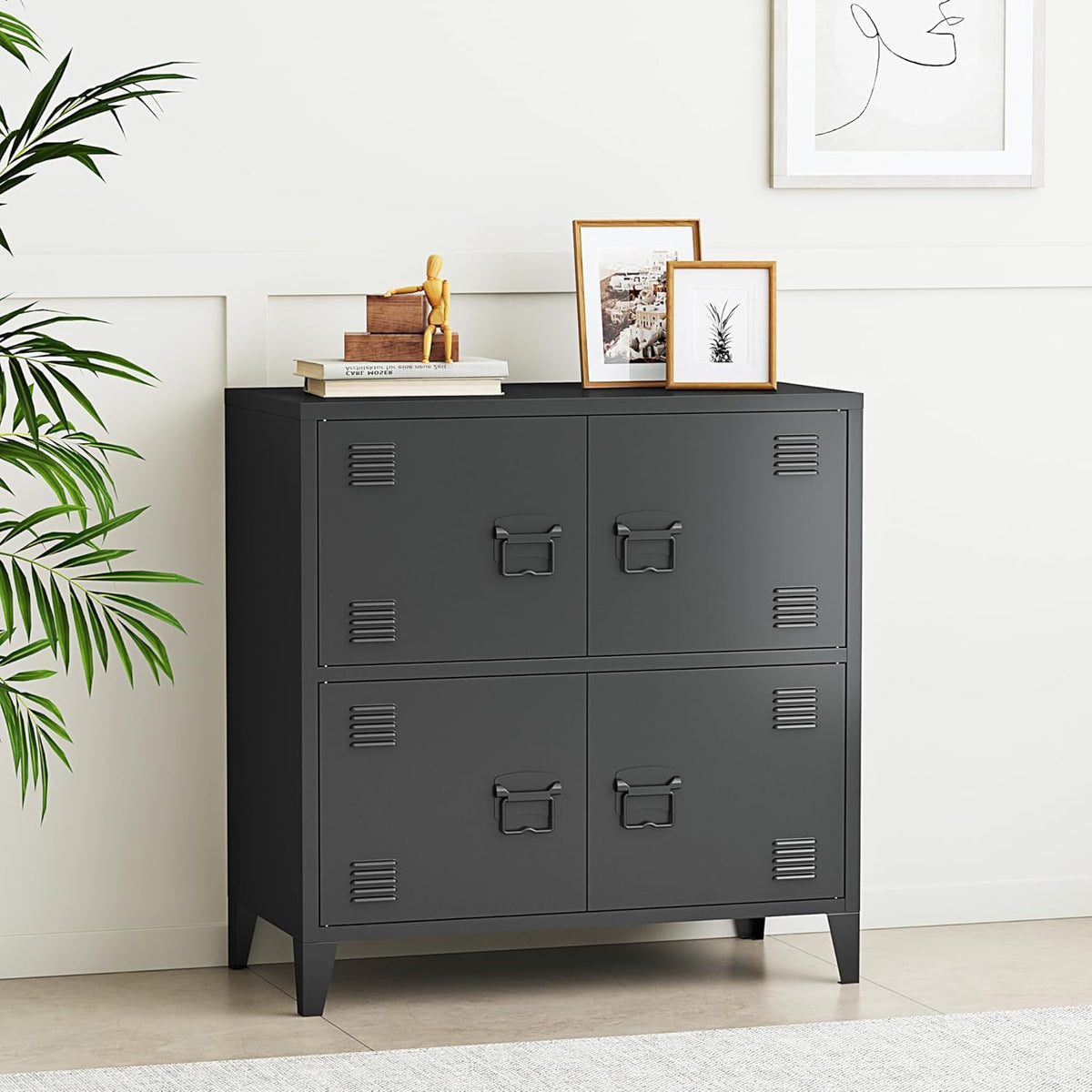 [en.casa] Armario de oficina Hamina archivador con 4 puertas armario multiusos con 2 estantes armario de almacenamiento industrial de acero armario auxiliar 80 x 40 x 82 cm negro