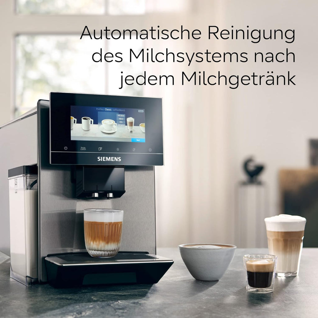 Cafetera superautomática Siemens EQ900 TQ903D03, control por app, pantalla táctil intuitiva, modo barista, AromaBoost, reducción de ruido, molinillo premium, limpieza automática con vapor, 1500 W, acero inoxidable