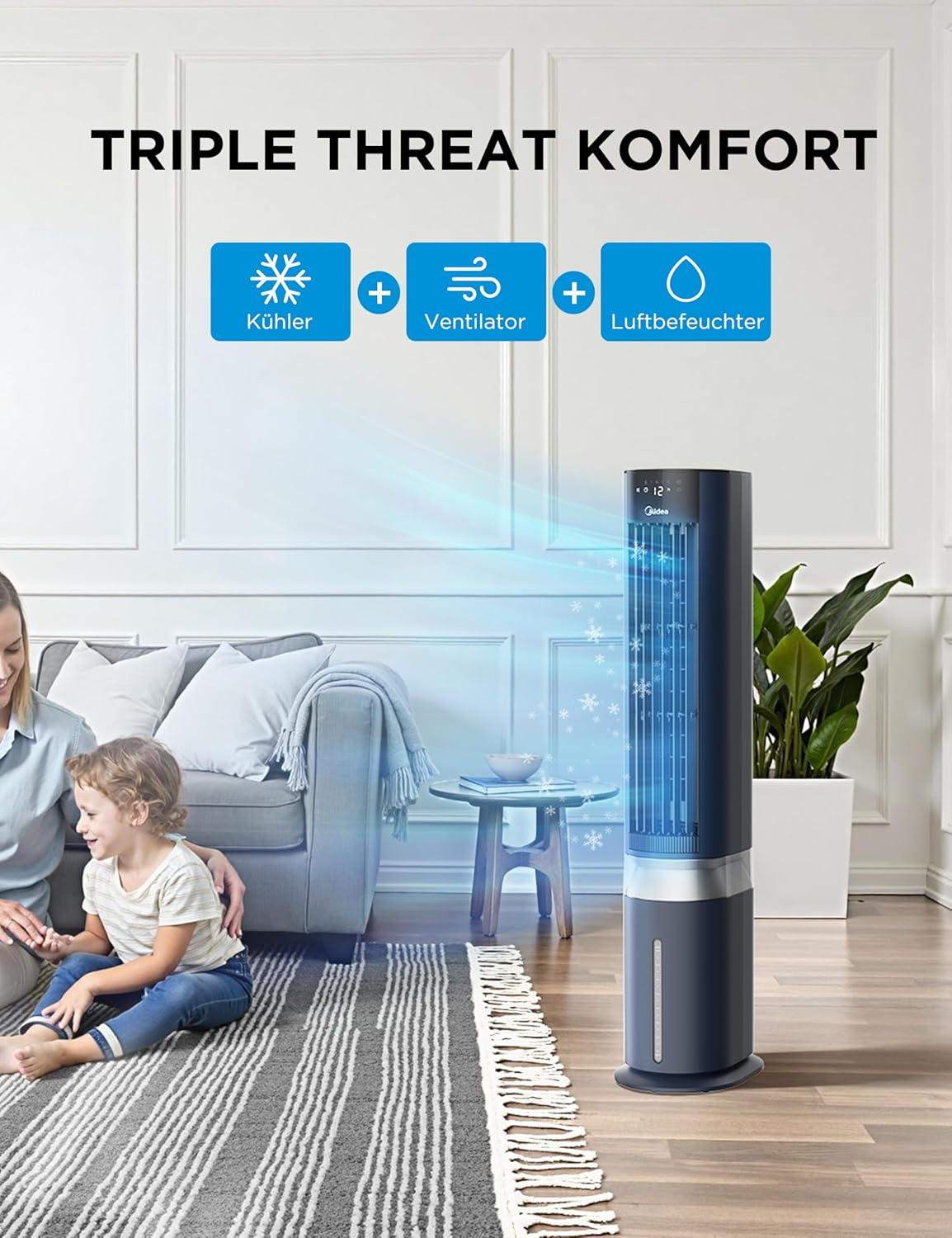 Enfriador de aire Midea Sensicool con refrigeración por agua de 7L | Aire acondicionado portátil sin tubo de escape | Ventilador con refrigeración por agua | Enfriador evaporativo de 2000 m³/h, 6 velocidades, pantalla táctil (azul)