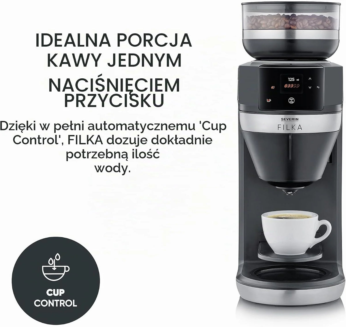 SEVERIN FILKA, w pełni automatyczny ekspres do kawy przelewowej, ekspres 5 w 1 z wyświetlaczem LED, młynkiem, dzbankiem szklanym, czarny matowy/stal nierdzewna, KA 9694