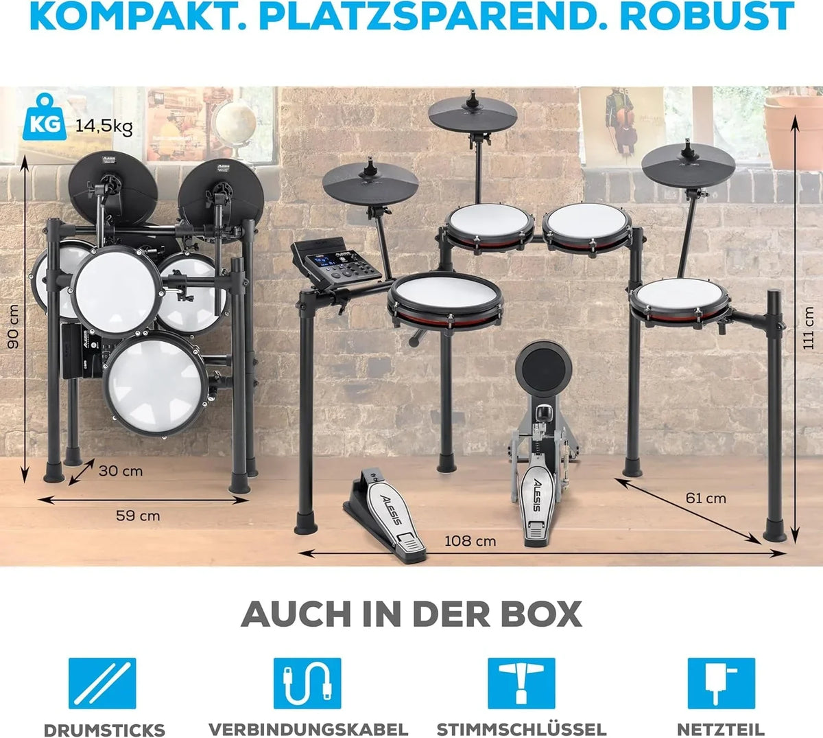 Batería electrónica de 8 piezas Nitro Max Kit, caja de 10 pulgadas de doble zona con parches de malla, Bluetooth, USB MIDI, más de 440 sonidos
