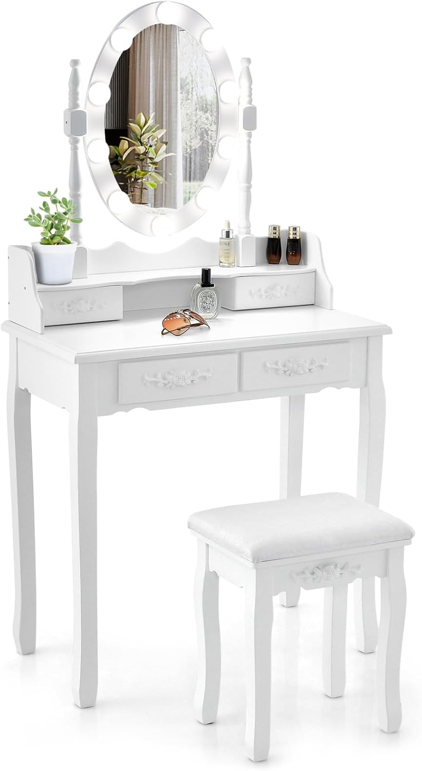 Tocador COSTWAY con iluminación LED, brillo  ajustable, mesa de maquillaje con 4 cajones, taburete y espejo giratorio de 360°, mesa de cosméticos para dormitorio (blanco)