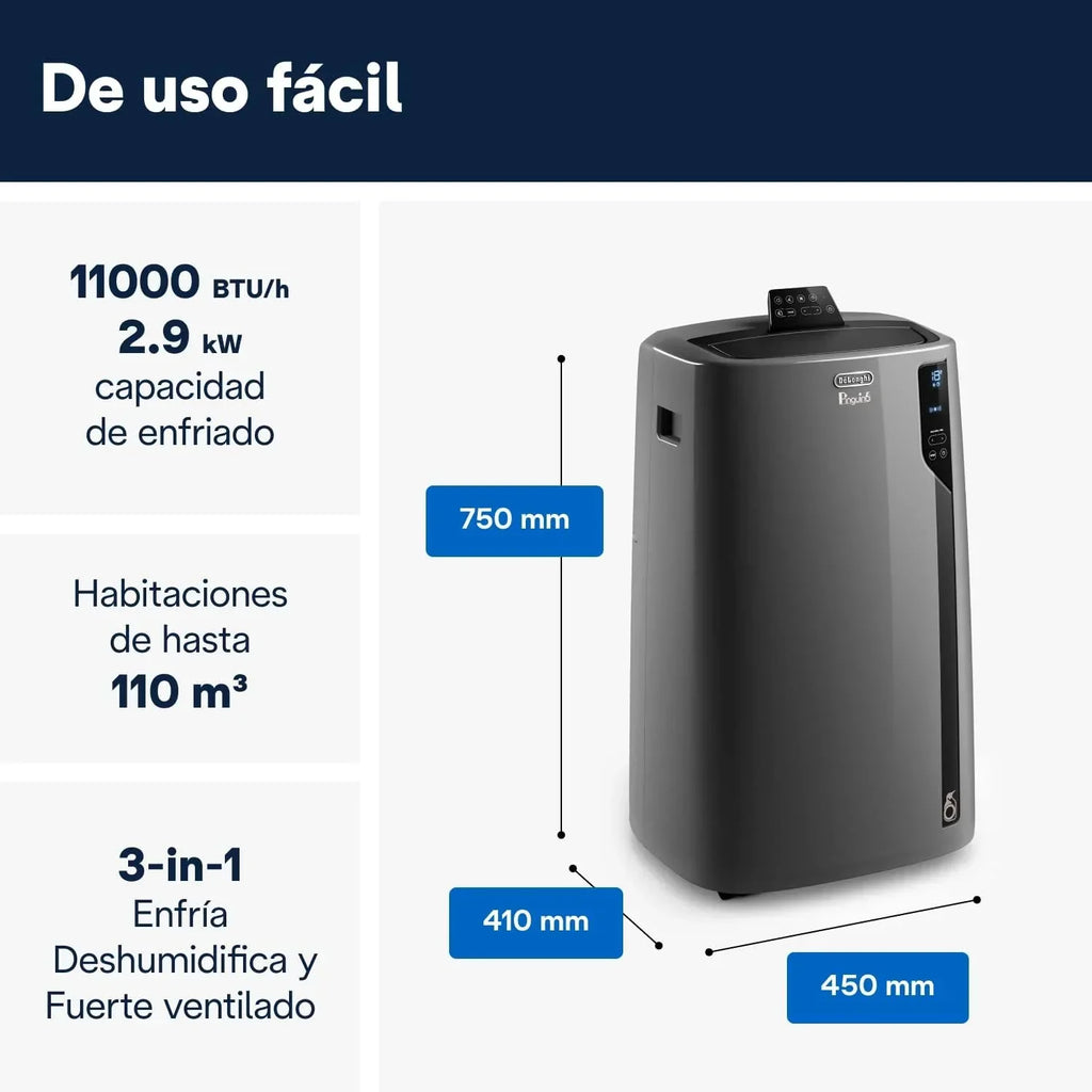 Pingüino PACEL112 Silent, aire acondicionado portátil silencioso con tecnología Eco Real Feel y Cool Surround, función deshumidificadora, 2.9 kW, 63 dB, plástico, negro, clase A, hasta 110 m³