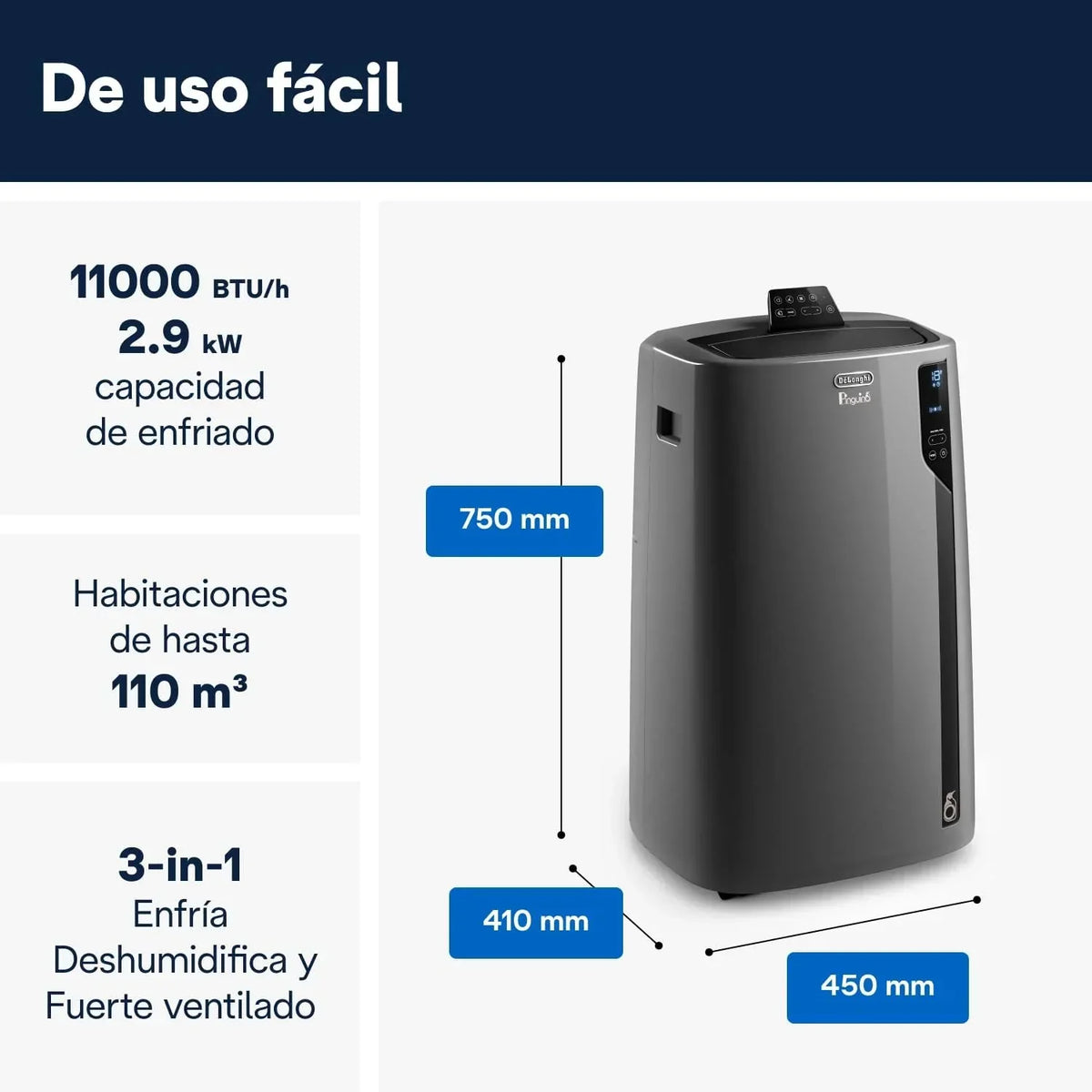 Pingüino PACEL112 Silent, aire acondicionado portátil silencioso con tecnología Eco Real Feel y Cool Surround, función deshumidificadora, 2.9 kW, 63 dB, plástico, negro, clase A, hasta 110 m³