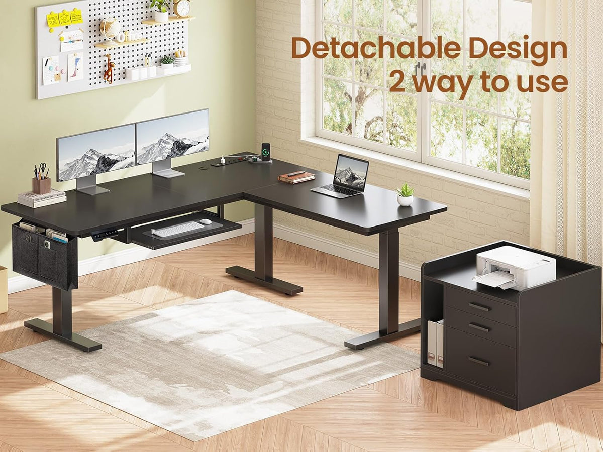Escritorio de pie eléctrico en forma de L SEDETA con archivador, escritorio de computadora para oficina en casa de 63 x 53'' con altura ajustable, cajones, toma de corriente, mesa de juegos de pie con luces LED, bandeja para teclado, negro