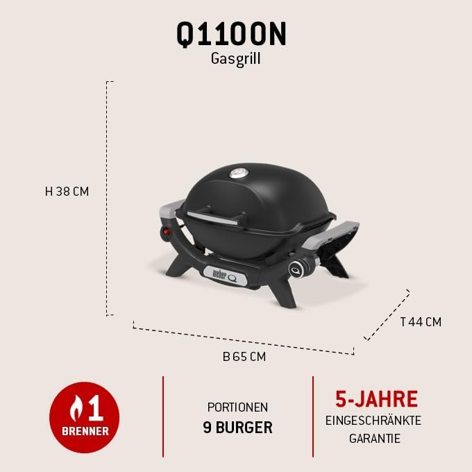 Barbacoa de gas Weber Q 1100N/Barbacoa portátil y ligera para camping, terrazas y balcones con quemador de alto rendimiento, parrillas de hierro fundido vitrificado y encendido electrónico, negro medianoche