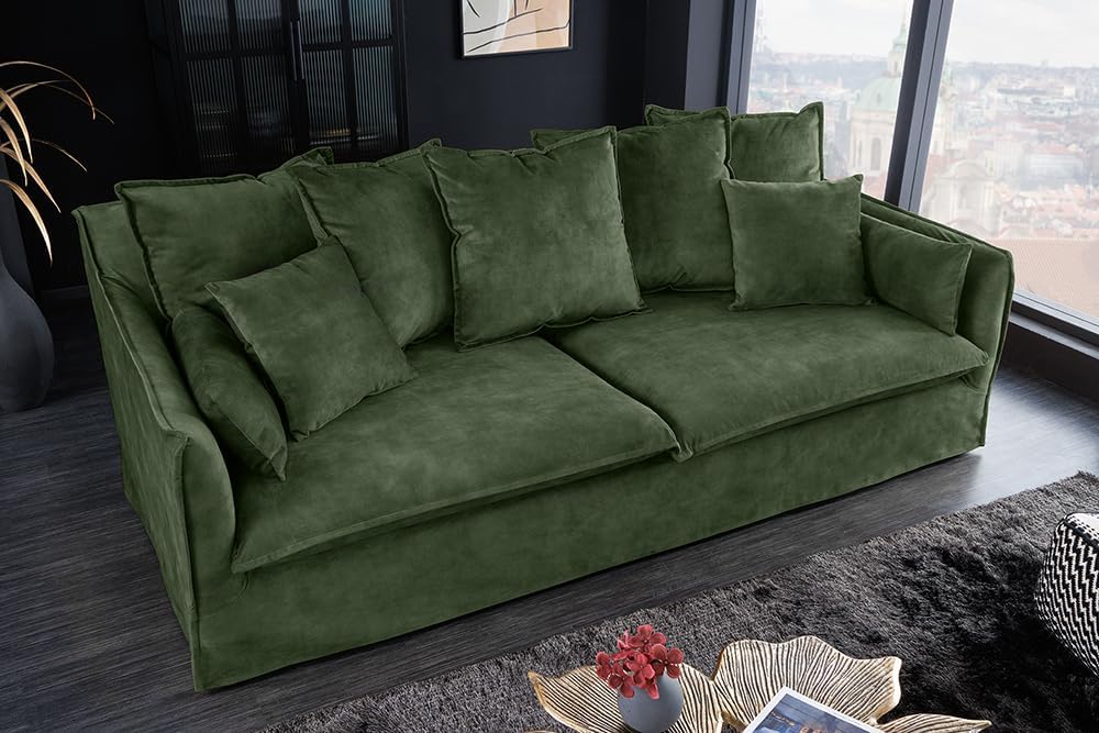 Riess Ambiente Sofá grande de 3 plazas Heaven 200 cm, terciopelo verde oscuro, funda lavable, sofá con funda, sofá esquinero, sofá de terciopelo