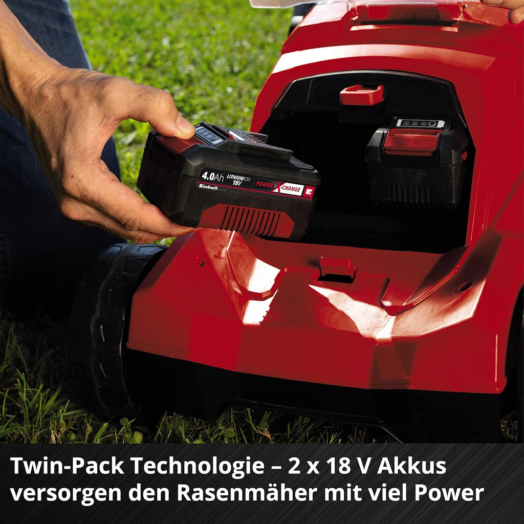 Cortacésped inalámbrico Einhell RASARRO 36/38 Kit Power X-Change (36 V, 38 cm de ancho de corte, 450 m², sin escobillas, función de mulching, bolsa colectora de 45 l, incl. 2 baterías de 4,0 Ah + cargador doble)
