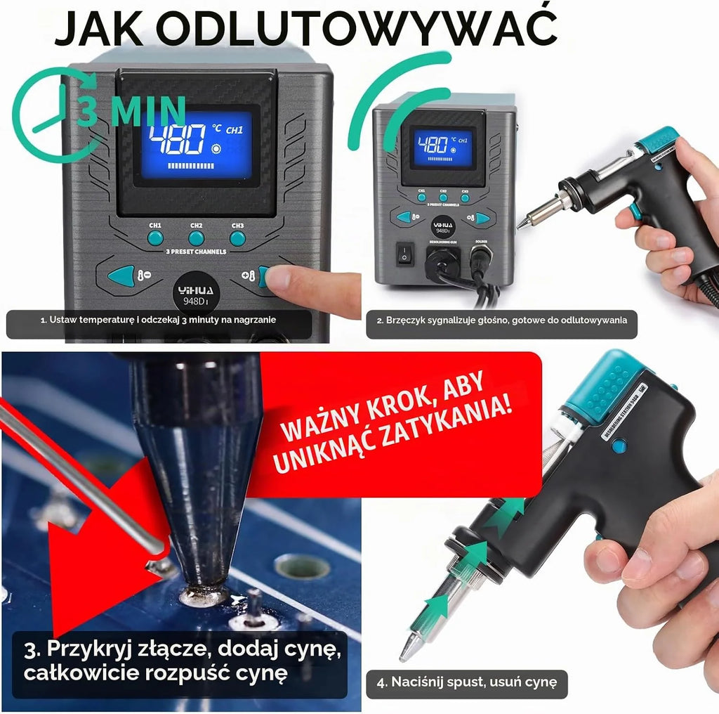 YIHUA 948D-I Wysokowydajna, antystatyczna stacja rozlutowywania 110 W, z regulacją temperatury 380-480°C, 3 wstępnie ustawione kanały, konwersja °C/°F, automatyczne uśpienia (wtyczka UE)