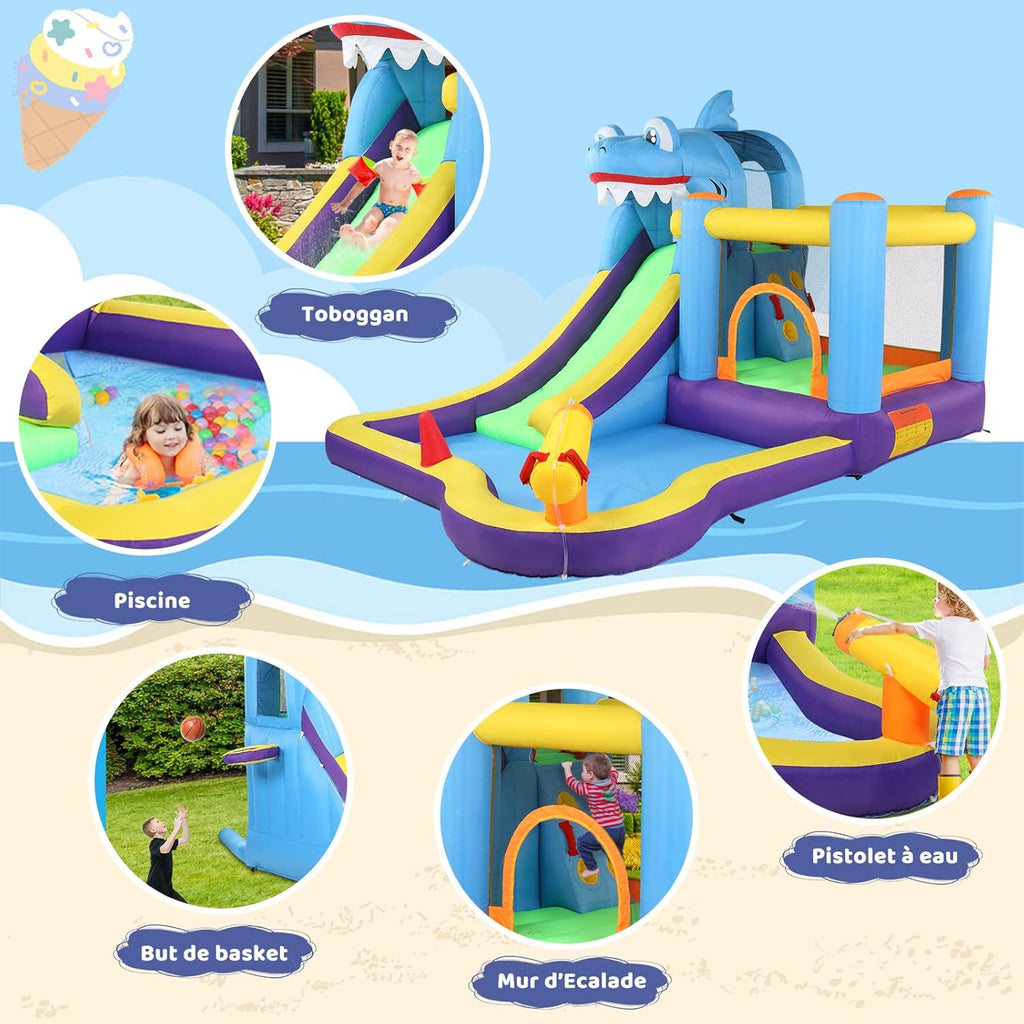 LEADZM Castillo hinchable con soplador, parque acuático inflable con temática de tiburón, con trampolín, tobogán, piscina, pistola de agua, adecuado para 3 niños de 3 a 10 años, 380x260x240 cm