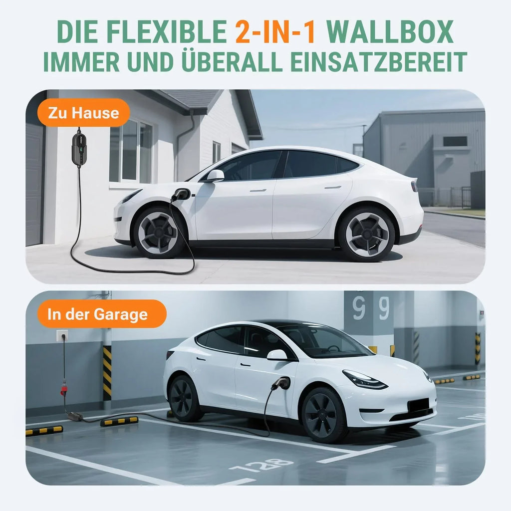Wallbox portátil 11 kW con app, 400 V, 16 A, trifásica, cable de carga tipo 2 de 7,6 m, CEE, IP66, OLED, montaje mural para coches eléctricos