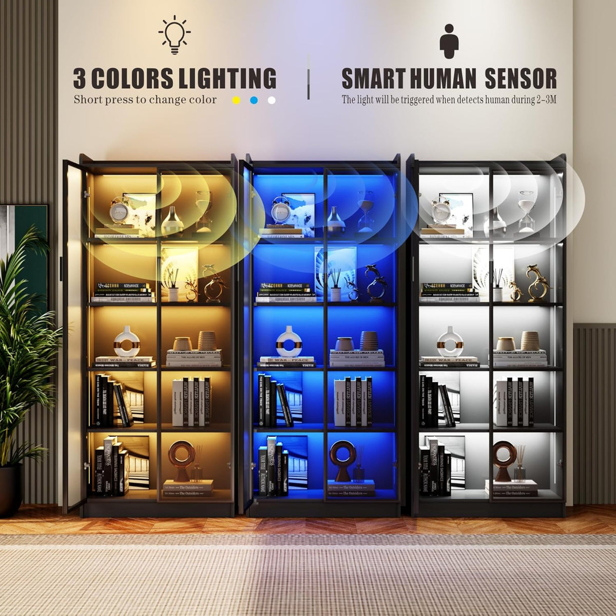 Vitrina FREDEES con iluminación LED, vitrina para coleccionables de 5 niveles con sensores inteligentes, vitrina de pie de acrílico con estantes ajustables para salón y oficina, negro
