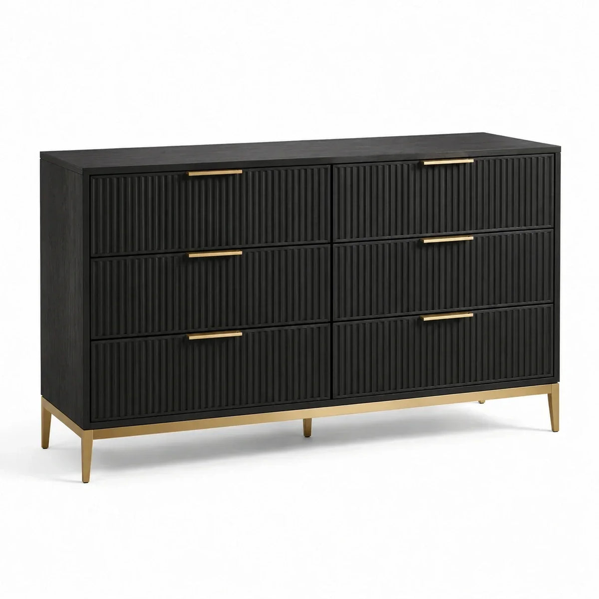 Cómoda de madera con patas de metal, 6 cajones, negro y dorado, 120x40x75 cm