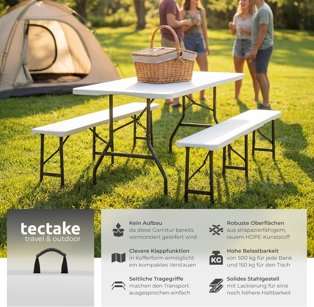 tectake® Juego de muebles de jardín de 3 piezas, mesa de camping plegable con 2 bancos de cerveza, muebles de balcón, conjunto de mesa para jardín o terraza, set de mesa y bancos cerveceros, con asas de transporte, 180 cm de largo (blanco)