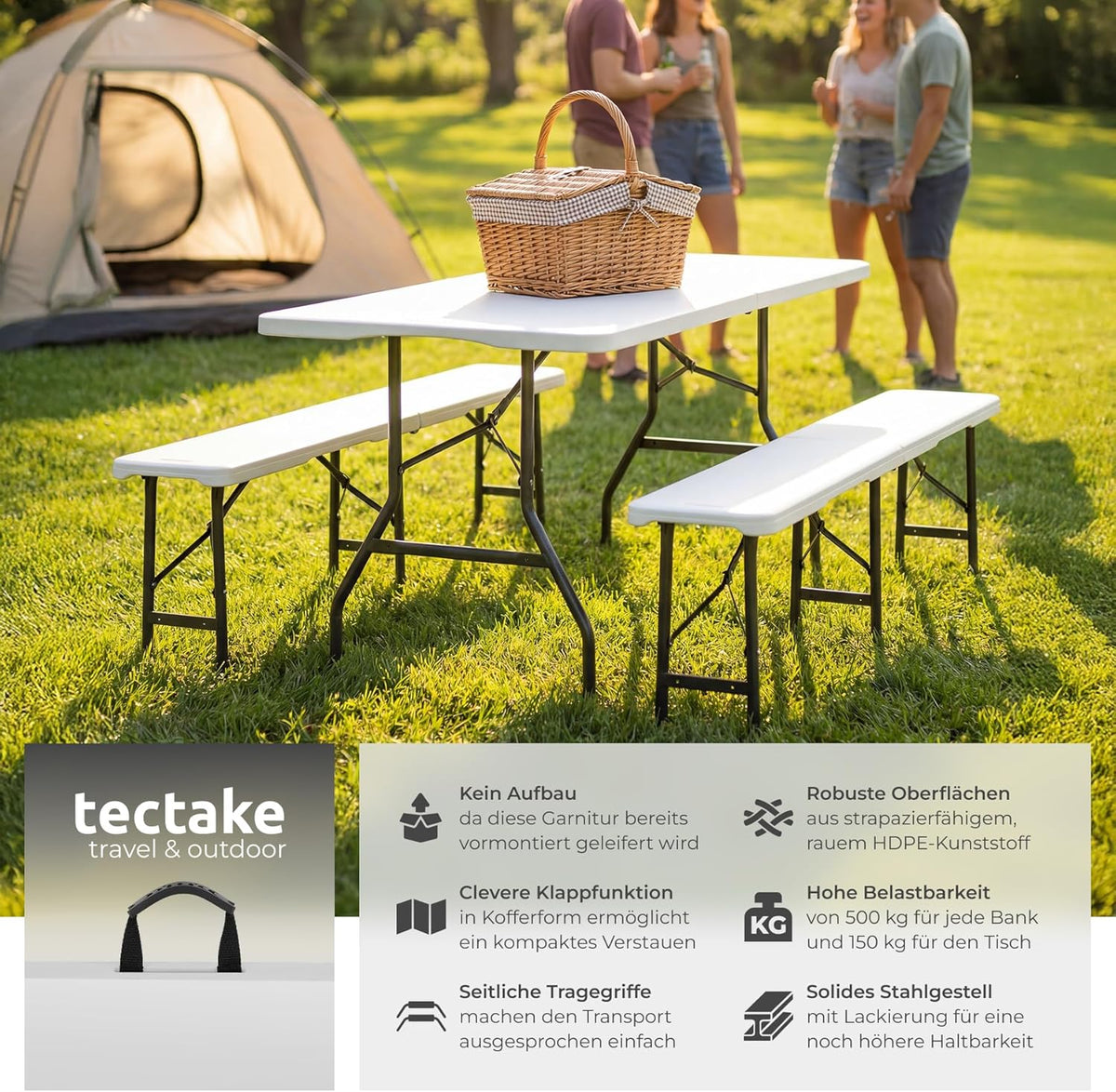 tectake® Juego de muebles de jardín de 3 piezas, mesa de camping plegable con 2 bancos de cerveza, muebles de balcón, conjunto de mesa para jardín o terraza, set de mesa y bancos cerveceros, con asas de transporte, 180 cm de largo (blanco)