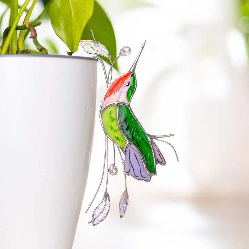 Estaca decorativa de colibrí de vidrio hecho a mano con cristales, 4 x 6.5 pulgadas, decoración de jardín