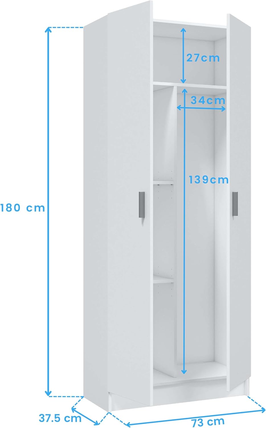 Armario multiusos Habitdesign, modelo escobero de 2 puertas y 3 estantes, 180 x 73 x 37 cm (alto x ancho x fondo), blanco mate