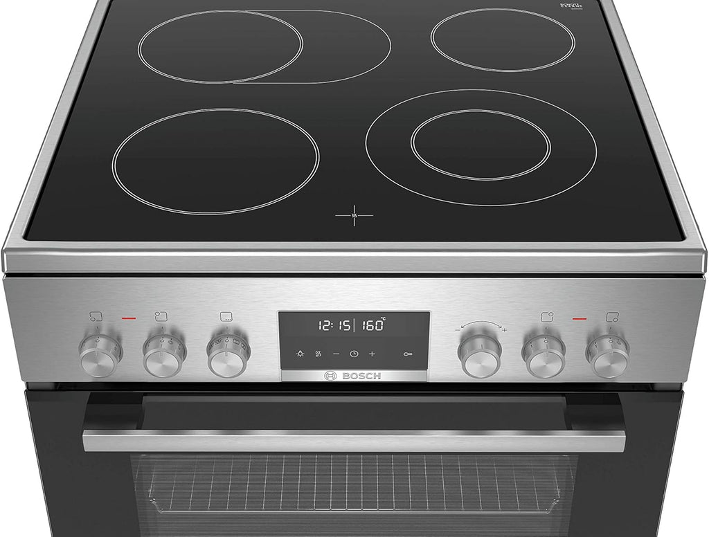 Cocina eléctrica de libre instalación Bosch Serie 4 HKR39C250, 60 cm de ancho, asistente de limpieza EcoClean Direct, aire caliente 3D para hornear en 3 niveles, control por pantalla LED, zona de cocción ampliable para recipientes grandes