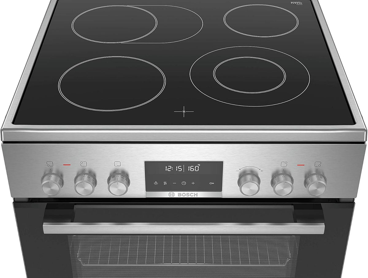 Cocina eléctrica de libre instalación Bosch Serie 4 HKR39C250, 60 cm de ancho, asistente de limpieza EcoClean Direct, aire caliente 3D para hornear en 3 niveles, control por pantalla LED, zona de cocción ampliable para recipientes grandes