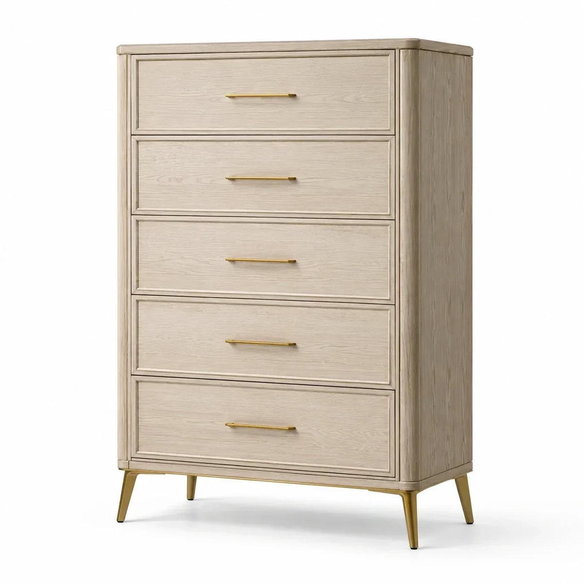 Cómoda de madera de roble con cinco cajones, color beige, 120 cm de altura