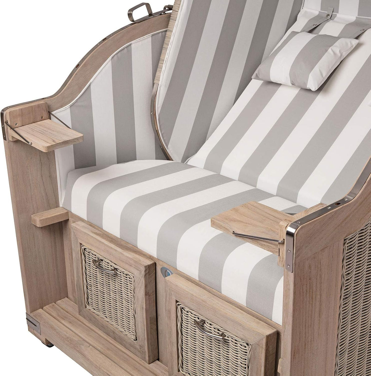Strandkorbprofis Strandkorb Landhaus Sylt teca vintage, trenzado color blanco lavado, tapicería de PVC con rayas anchas grises