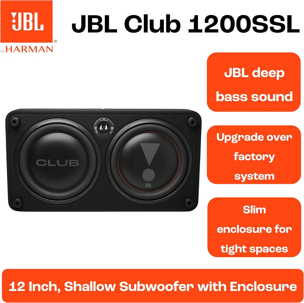 Subwoofer para coche JBL Club 1200SSL, caja plana de 12 pulgadas - Altavoz de graves de 1200W | Subwoofer utilizable como activo o pasivo gracias a la tecnología SSI de 2-4 ohmios, 400W RMS, profundidad de montaje reducida, cono de polipropileno robusto